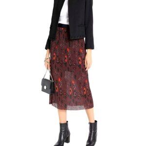 Sandro Pleated Midi Skirt Floral Burgundy Size 1